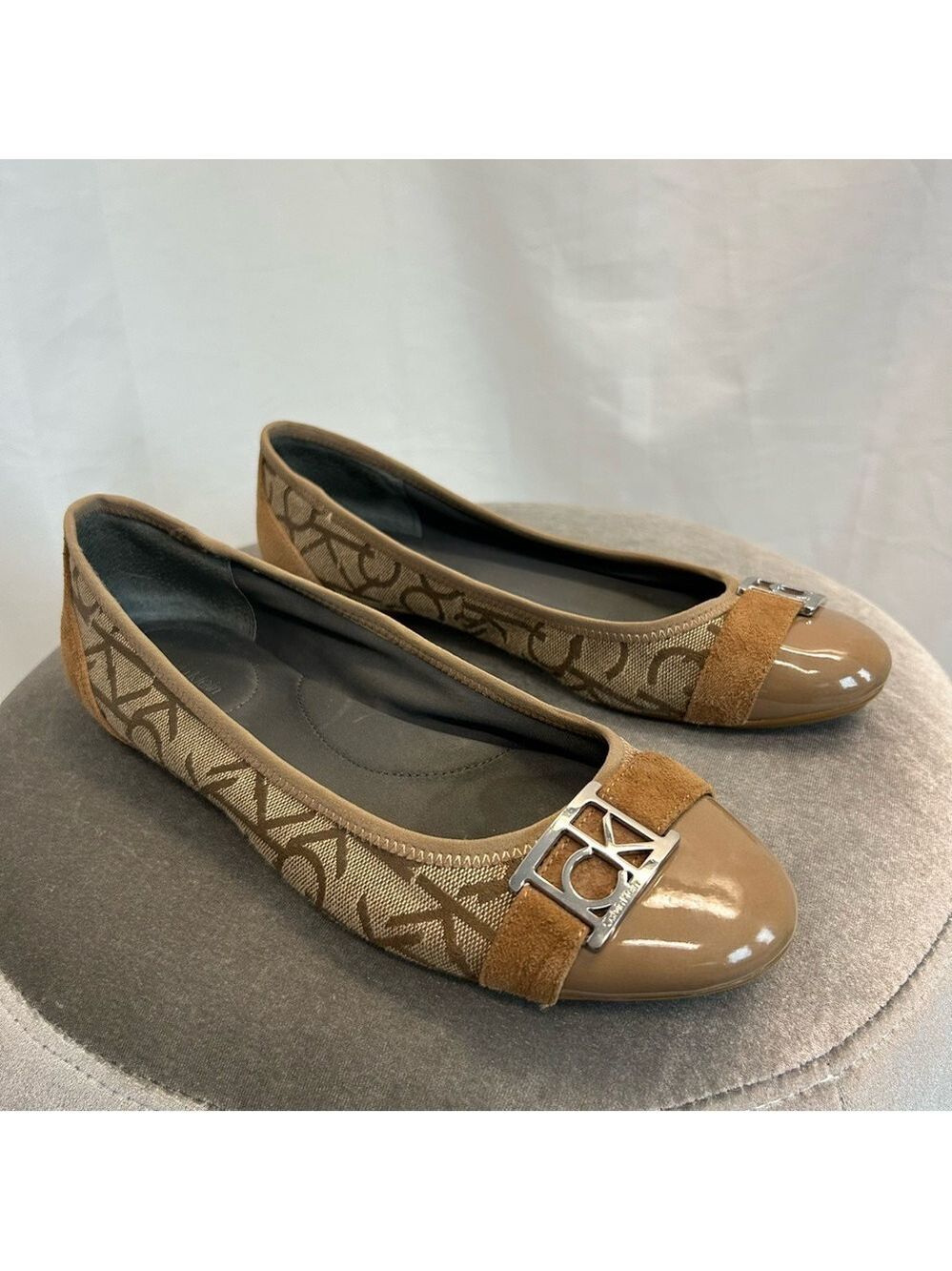 Calvin Klein Paulett camel Tan brown monogram logo patent canvas ballet flats 9